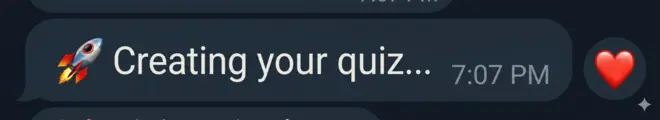 Telegram status bubble showing Quizzy AI creating a quiz