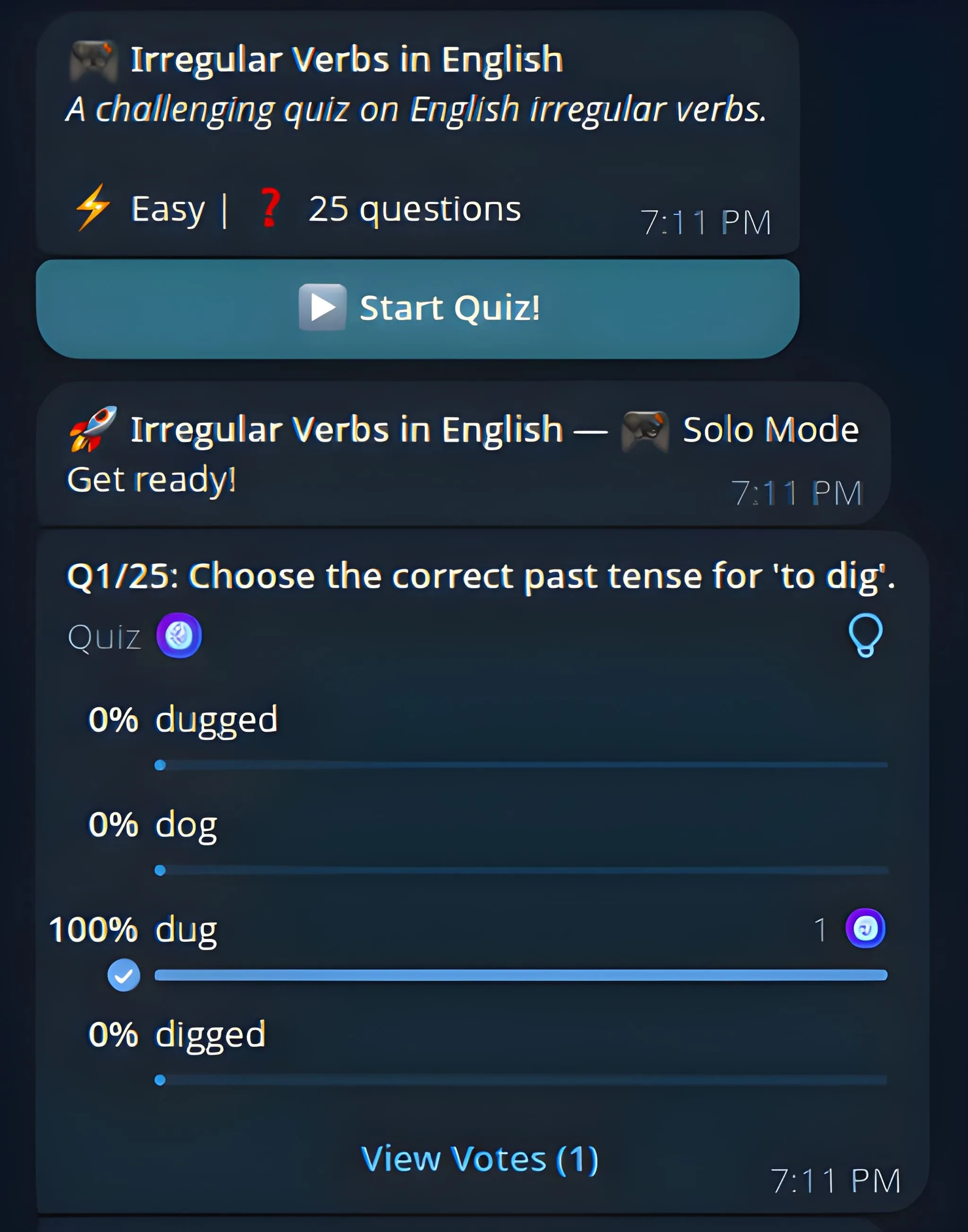 Quizzy AI Telegram screenshot showing AI-generated quiz questions with streaming progress indicator